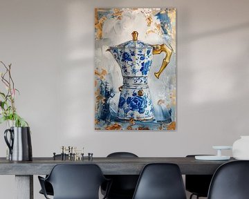Café - Bleu de Delft avec percolateur doré sur Marianne Ottemann - OTTI