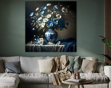 Stilleven; Delftsblauwe vaas met witte en blauwe bloemen