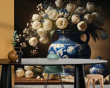 Stilleven; Delftsblauwe vaas met tulpen van Jessica Berendsen