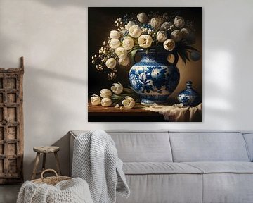 Stilleven; Delftsblauwe vaas met tulpen van Jessica Berendsen