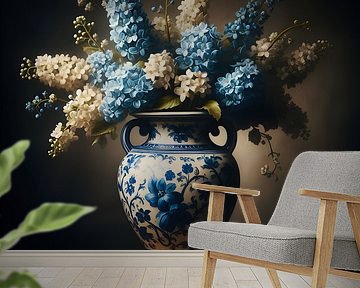 Stilleben; Delfter Blau Vase mit weißen und blauen Blumen von Jessica Berendsen