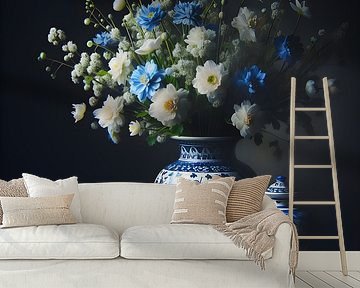 Stilleben; Delfter Blau Vase mit weißen und blauen Blumen von Jessica Berendsen