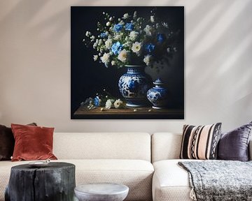 Stilleven; Delftsblauwe vaas met witte en blauwe bloemen van Jessica Berendsen