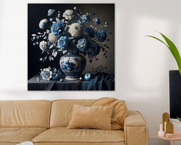 Stilleben; Delfter Blau Vase mit weißen und blauen Blumen von Jessica Berendsen
