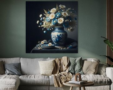 Stilleven; Delftsblauwe vaas met witte en blauwe bloemen