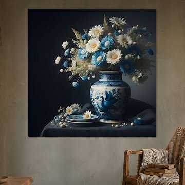 Nature morte ; vase bleu de Delft avec des fleurs blanches et bleues