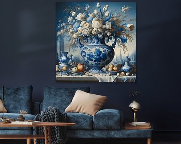 Stilleben; Delfter Blau Vase mit weißen und blauen Blumen von Jessica Berendsen
