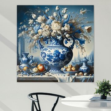 Stilleben; Delfter Blau Vase mit weißen und blauen Blumen von Jessica Berendsen