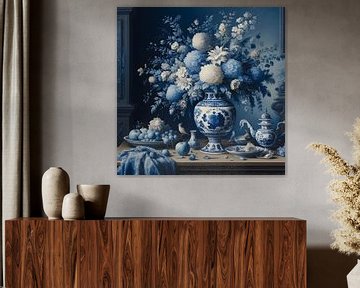 Stilleven; Delftsblauwe vaas met witte en blauwe bloemen