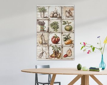 Weiße Retro-Fliesen mit Lebensmitteldrucken als Illustrationen von Digitale Schilderijen