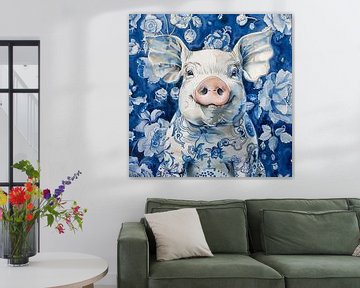 Glückliches Schwein in Delfter Blau von Lauri Creates