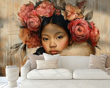 Portret van een meisje met kleurrijke kleding en bloemen in het haar van Atelier Pink Blossom