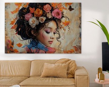 Het meisje met de bloemen en de vlinder, modern portret van Atelier Pink Blossom