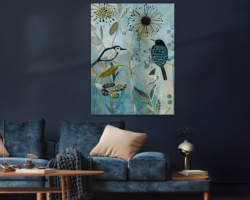 Illustration de la hanche, paysage avec des éléments botaniques et des oiseaux sur Studio Allee