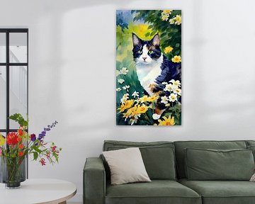 Impressionistic portrait cat among flowers by Maud De Vries