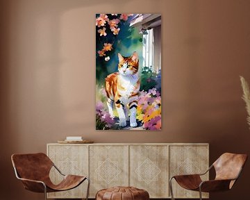 Impressionistisch portret van een rood witte kat met bloemen van Maud De Vries