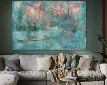 Impressionisme, roze en turquoise, roeiboot van Joriali Abstract