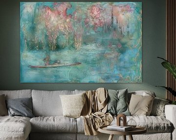 Impressionnisme, rose et turquoise, bateau à rames sur Joriali Abstract