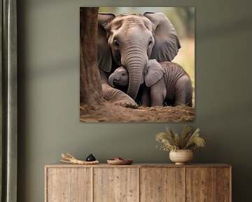 Olifant met jong olifantje van Koffie Zwart
