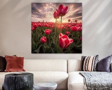 Tulpenveld bij zonsondergang van Koffie Zwart