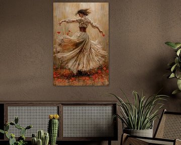 Cheerfully dancing lady in poppy field in beige summer dress by Margriet Hulsker