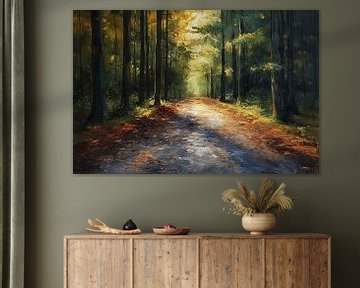 schilderij van een wandelpad tussen de bomen in het bos