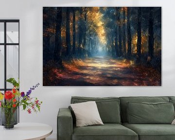 schilderij van een wandelpad tussen de bomen in het bos van Margriet Hulsker