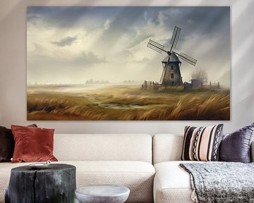 Paysage hollandais rustique avec un moulin à vent sur Cafe Noir