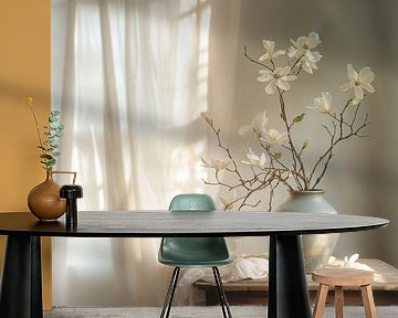 Still life, Magnolia branch on Vase in front of window