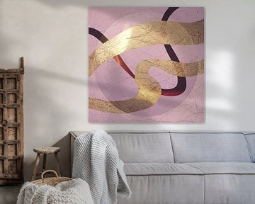 Modern Abstract feest in roze, lila en goud. Moderne vormen en lijnen. van Alie Ekkelenkamp