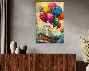 Chat mignon dans un bateau avec des ballons sur haroulita