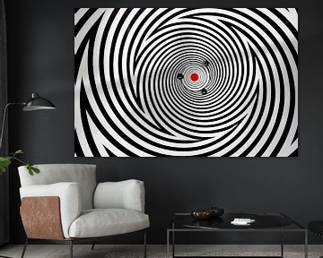 Psychedelische Kreise in Schwarz und Weiß mit rotem Punkt von Marianne van der Zee