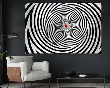 Cercles psychédéliques en noir et blanc avec point rouge sur Marianne van der Zee