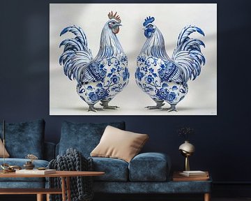 Zwei Hühner in Delfter Blau von Lauri Creates