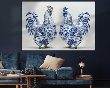 Deux poules en bleu de Delft sur Lauri Creates