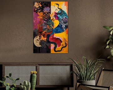 Artistic abstract artwork in many different colours and Asian tones