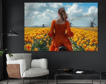 woman cycles through tulip field by Egon Zitter