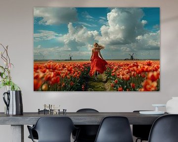 woman cycles through tulip field by Egon Zitter