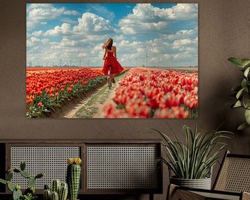 woman cycles through tulip field by Egon Zitter