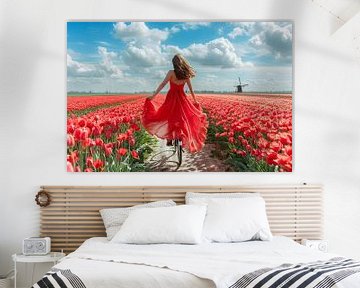 woman cycles through tulip field by Egon Zitter