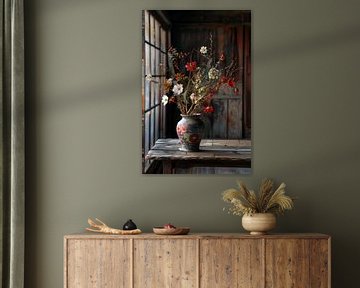 Colourful still life of flowers in Japanese house on wooden table by Digitale Schilderijen