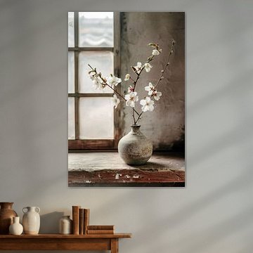 Japans huis stilleven met witte bloemen en minimalistisch beeld