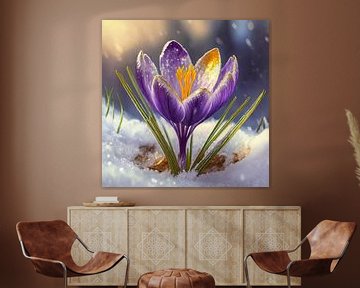 Purple golden crocus in the snow, illustration by Animaflora PicsStock