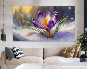 Purple golden crocus in the snow, illustration by Animaflora PicsStock