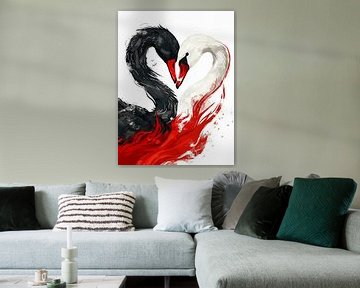 Zwanenliefde met een hart in zwart, wit en rood van Frank Daske | Foto & Design