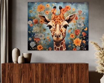 Schilderij Giraffe Bloemen van Abstract Schilderij