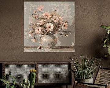 Vaas bloemen in taupe kleur van Natasja Haandrikman