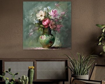 Vaas bloemen in kleur roze en groen van Natasja Haandrikman