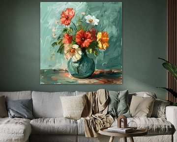 Vaas met bloemen in rood, groen en oranje Impressionisme van Natasja Haandrikman