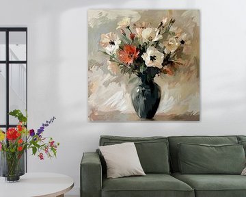 Vase de fleurs aux couleurs blanc, sable et noir Impressionnisme sur Natasja Haandrikman